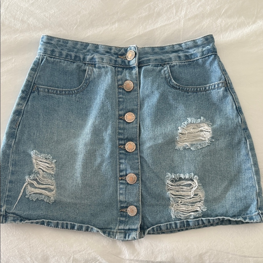 Forever 21 Blue Distressed Button-Front Skirt